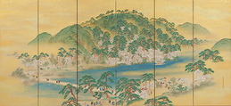 Arashiyama in Spring (right); Mt. Takao in Autumn (left), Yamamoto Baiitsu (Japanese, 1783–1856), Pair of six-panel folding screens; color with gold ground on paper, Japan